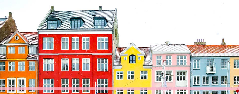 Färgglada hus bredvid varandra, Köpenhamn, Amendo Bemanning & Rekrytering